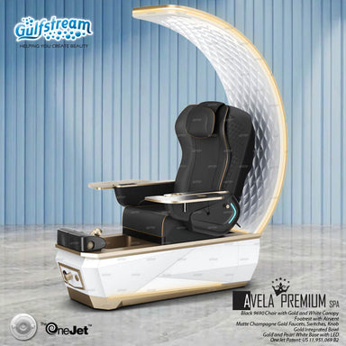 Gulfstream Avela Premium Spa with Black 9690 chair and Gold and Pearl White base