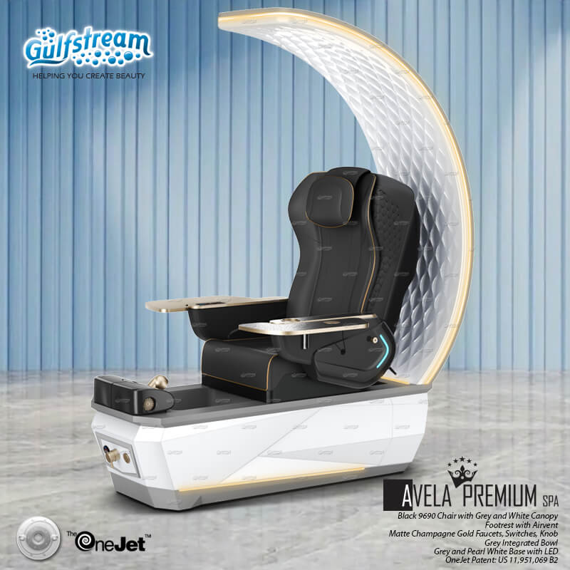 Gulfstream Avela Premium Spa with Black 9690 chair and Grey and Pearl White base