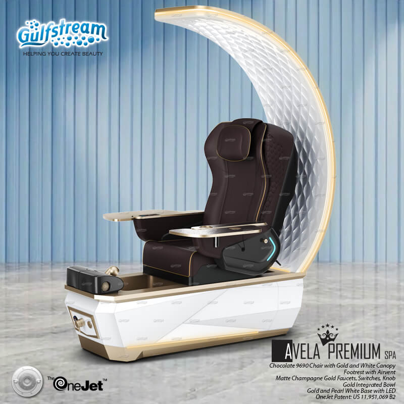 Gulfstream Avela Premium Spa with Chocolate 9690 chair and Gold and Pearl White base