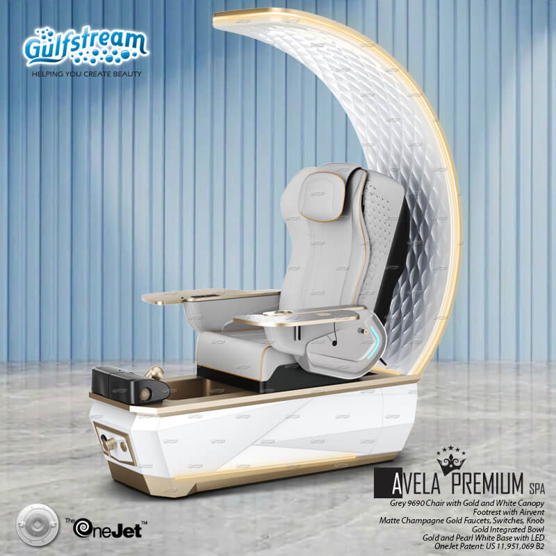 Gulfstream Avela Premium Spa with Grey 9690 chair and Gold and Pearl White base