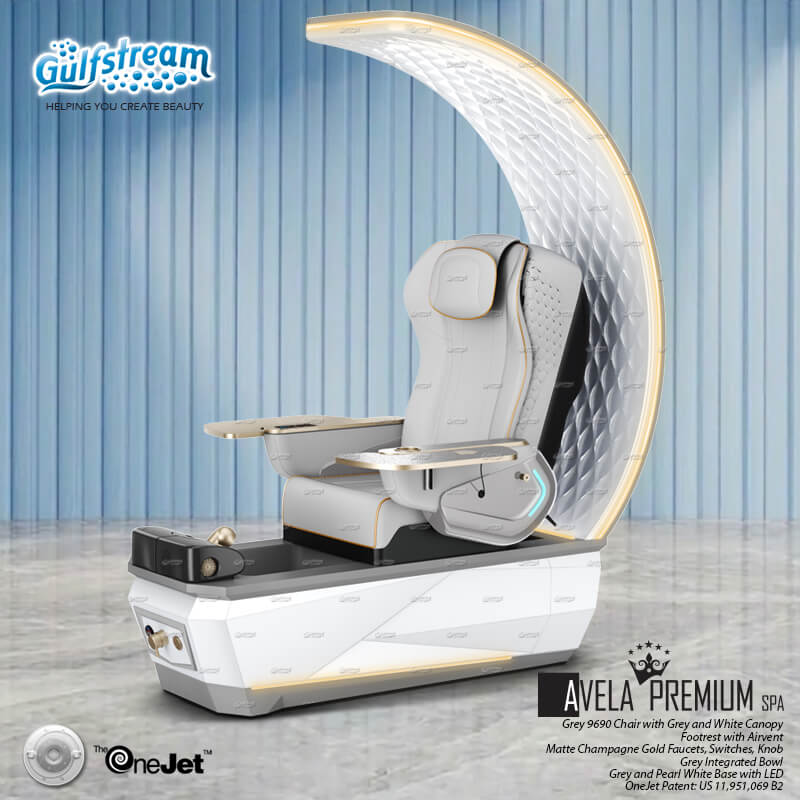 Gulfstream Avela Premium Spa with Grey 9690 chair and Grey and Pearl White base