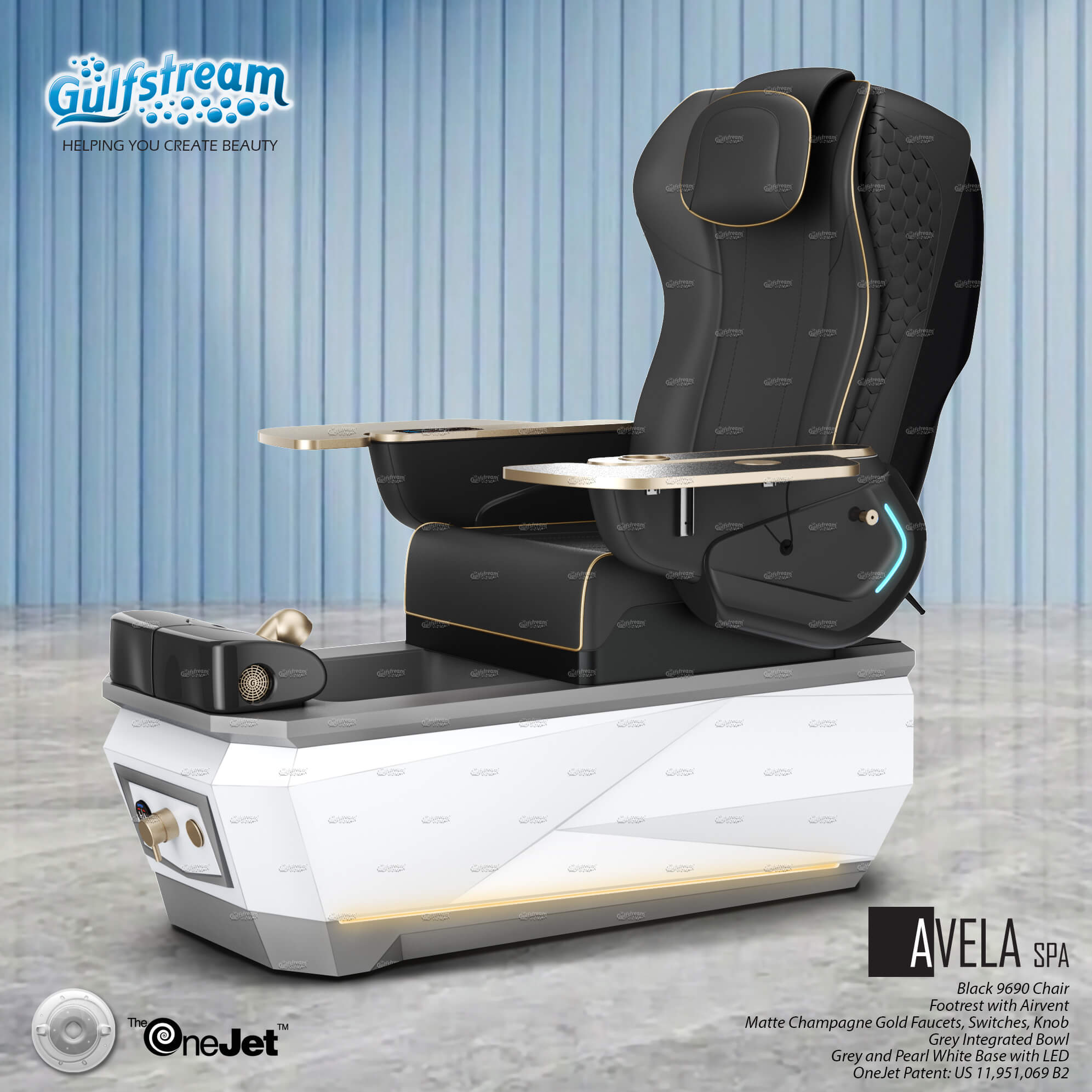 Gulfstream Avela Spa with Black 9690 chair and Grey and Pearl White base