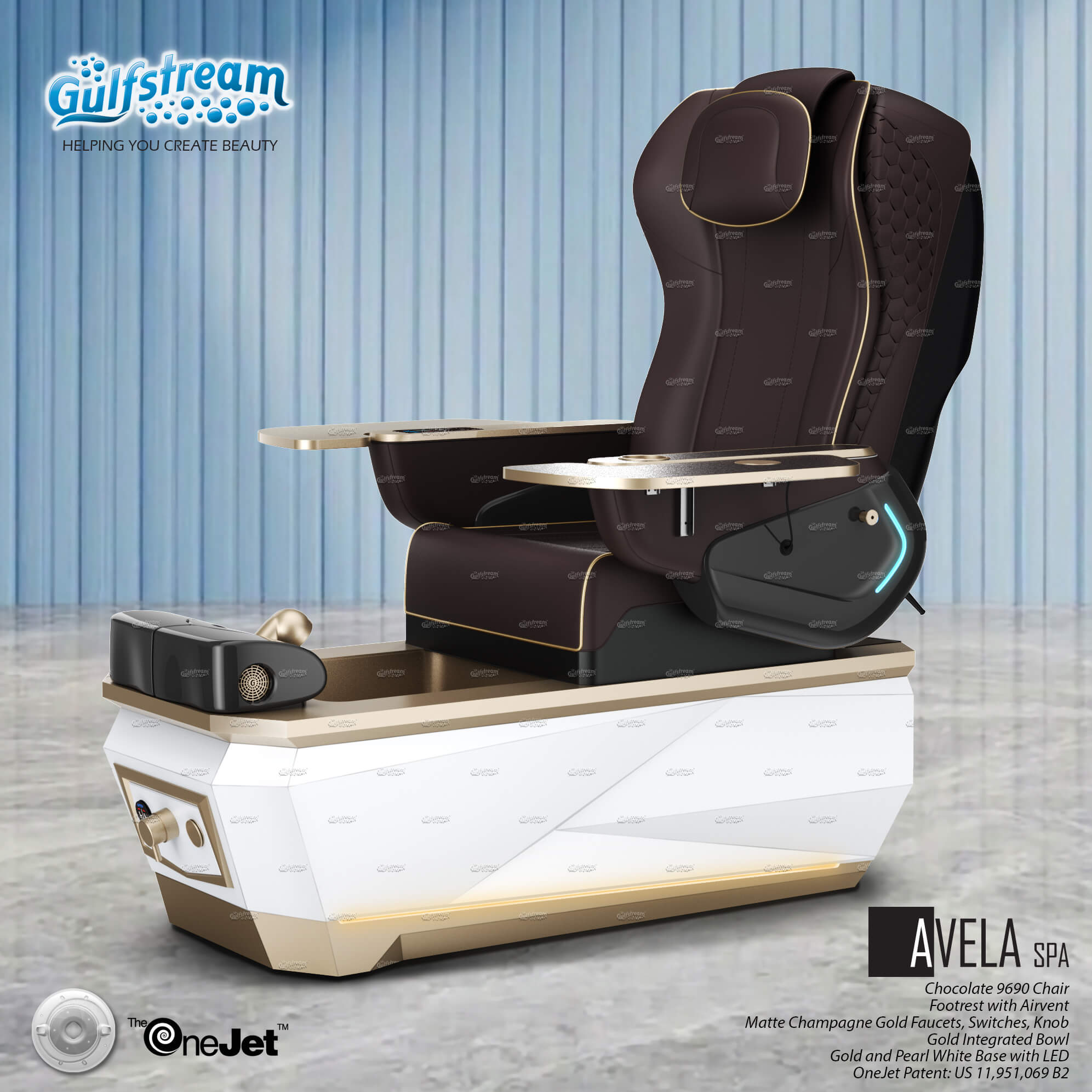 Gulfstream Avela Spa with Chocolate 9690 chair and Gold and Pearl White base