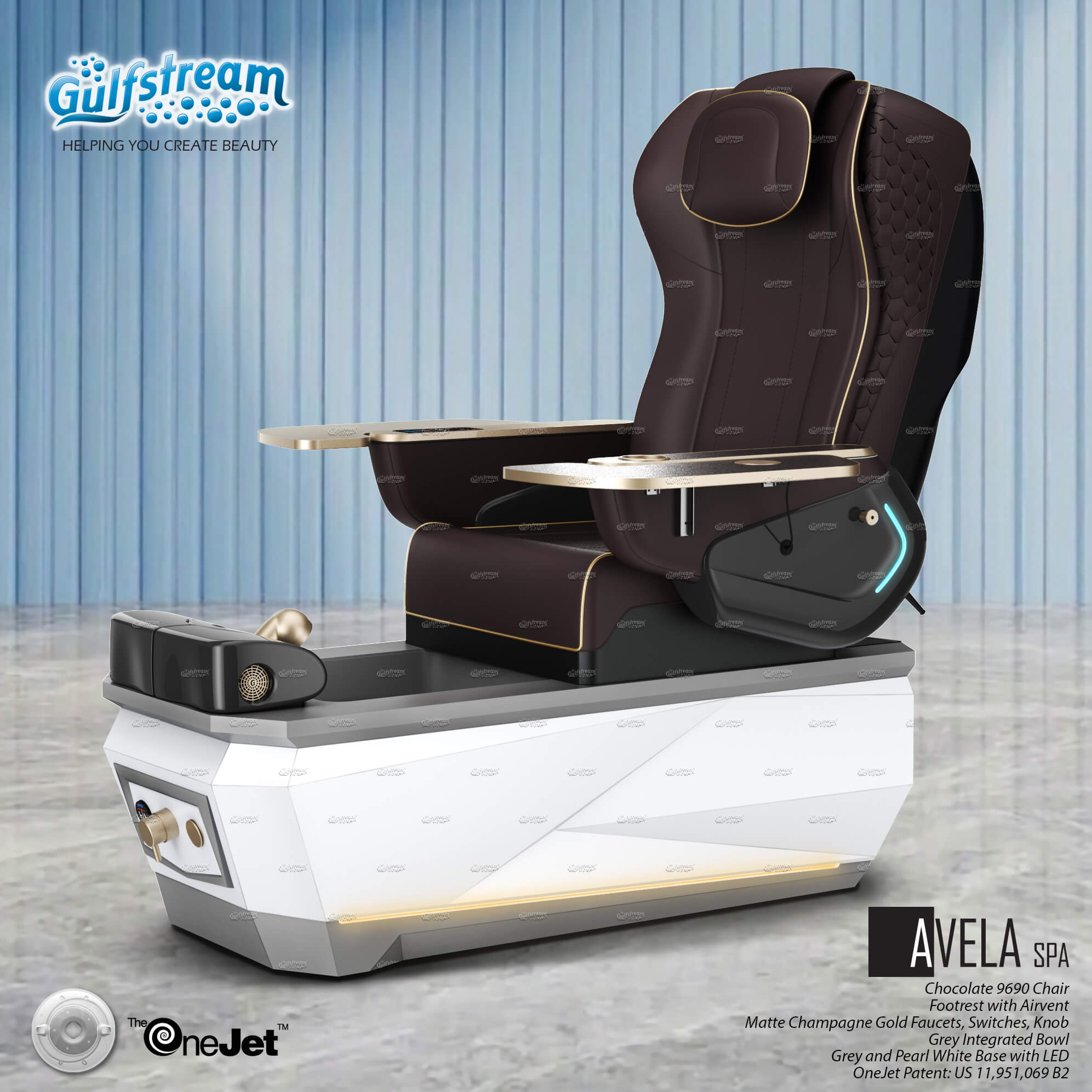 Gulfstream Avela Spa with Chocolate 9690 chair and Grey and Pearl White base