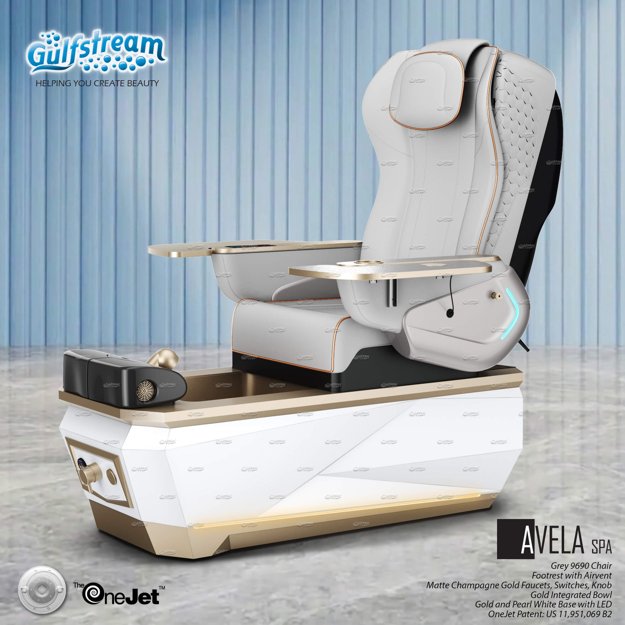 Gulfstream Avela Spa with Grey 9690 chair and Gold and Pearl White base