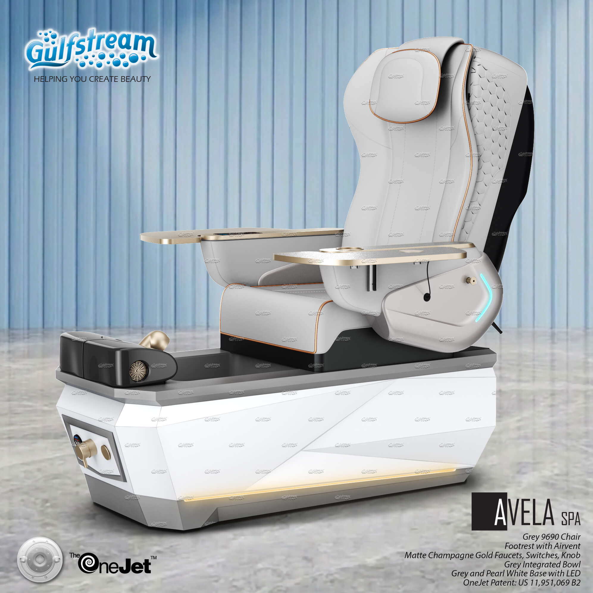 Gulfstream Avela Spa with Grey 9690 chair and Grey and Pearl White base