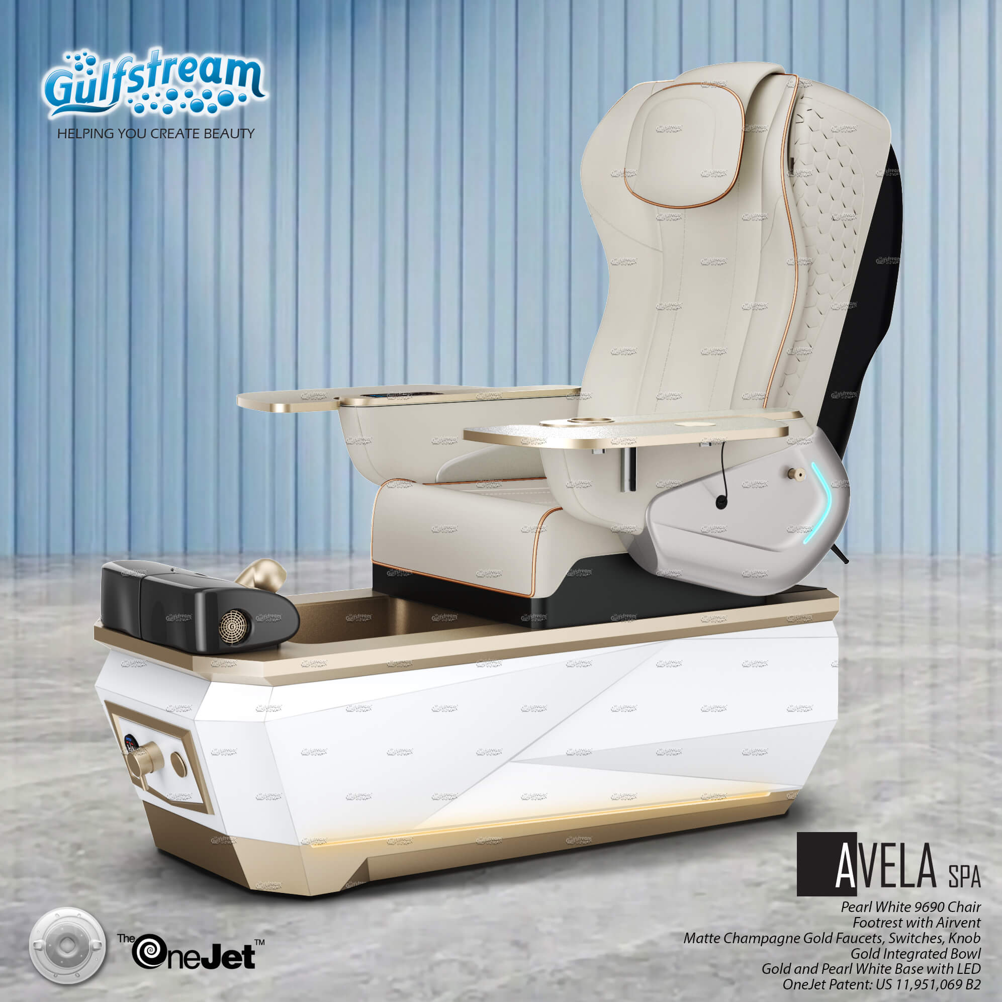 Gulfstream Avela Spa with Pearl White 9690 chair and Gold and Pearl White base