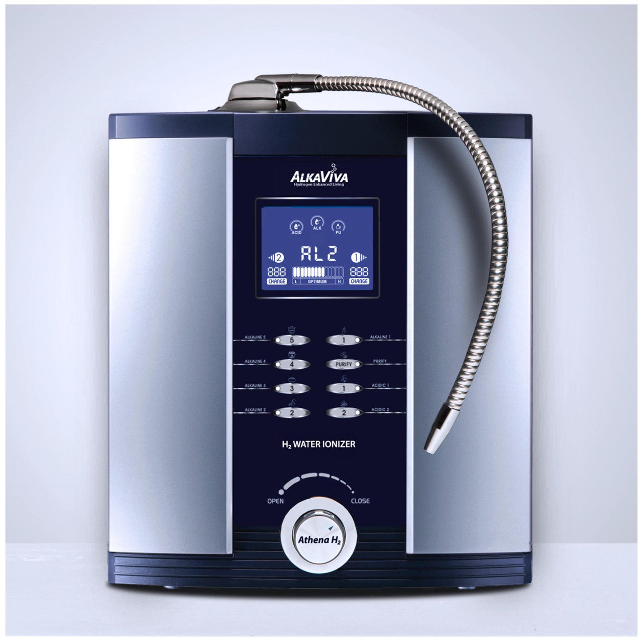 "Athena H2 Water Ionizer with a compact and stylish design, featuring a digital control panel and advanced filtration system for producing hydrogen-rich, alkaline water to promote hydration and wellness."