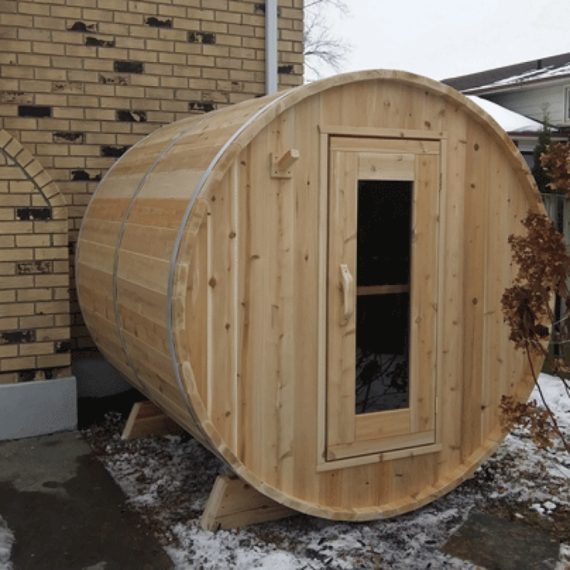 "Handcrafted Canadian Timber Collection Sauna from Dundalk LeisureCraft, made of Eastern White Cedar with aluminum bands and a modern design, ideal for enhancing wellness and relaxation."