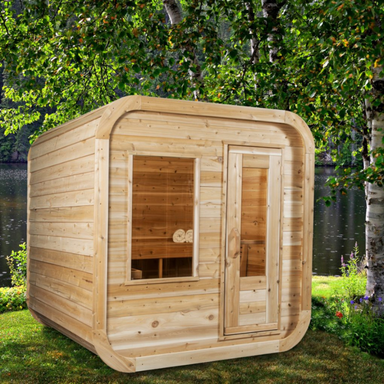 "Elegant Luna Sauna from Dundalk LeisureCraft's Canadian Timber Collection, crafted from light-colored Eastern White Cedar with a front window and sloped roof, designed for durability, wellness, and relaxation."