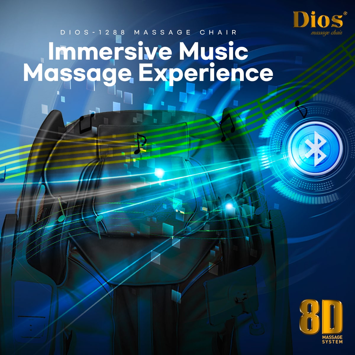 Dios 1288 massage chair with Bluetooth connectivity and immersive music experience, shown with sound waves and music notes
