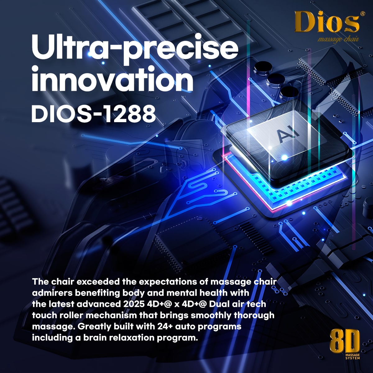 Dios 1288 massage chair top view with cyan body scanning showing smart scan, body matching, and height detection