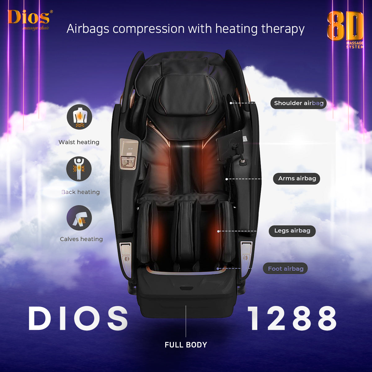 Dios 1288 massage chair top view showing airbags in shoulder, arms, legs, and feet with heating therapy in waist, back, calves