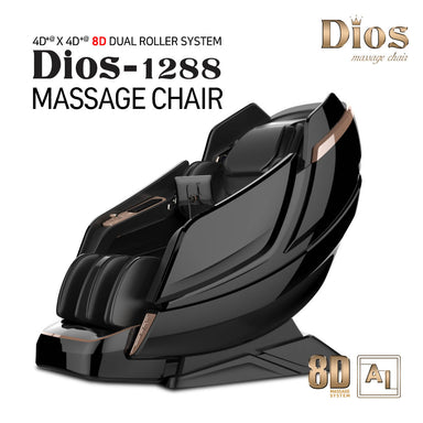 Dios 1288 black massage chair with an 8D Dual Roller System and touchscreen tablet technology