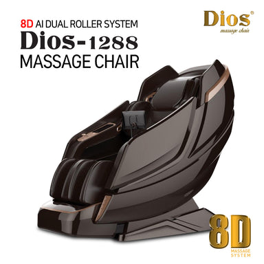 Dios 1288 massage chair in brown, featuring 8D AI dual roller system, shown in reclined position