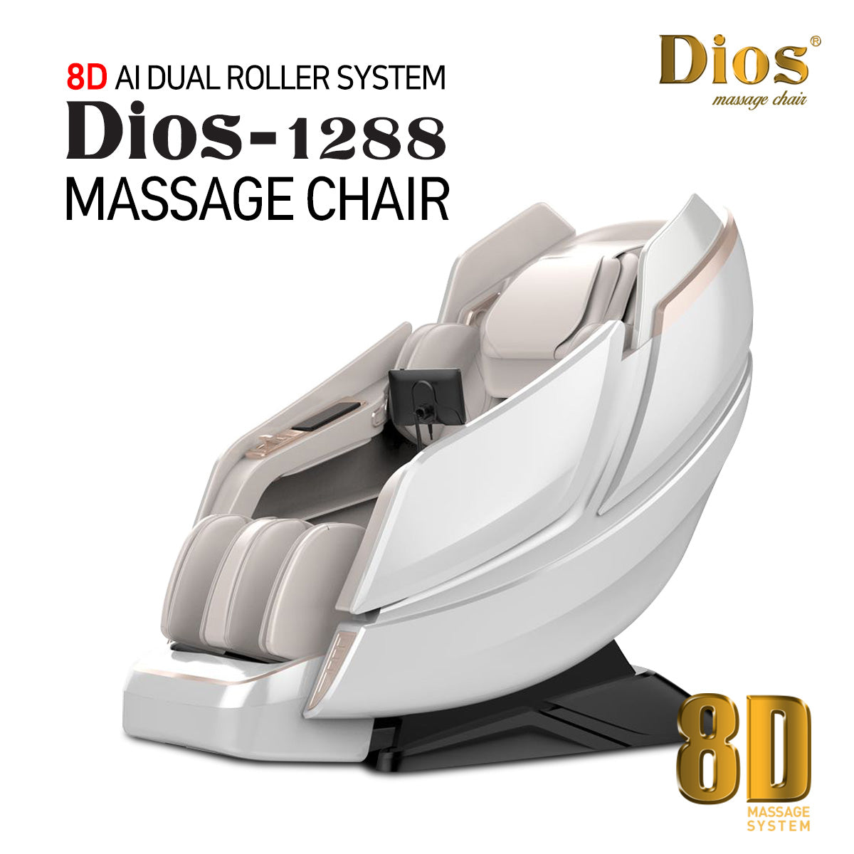 Dios 1288 Massage Chair shown in white, with 8D AI Dual Roller System 