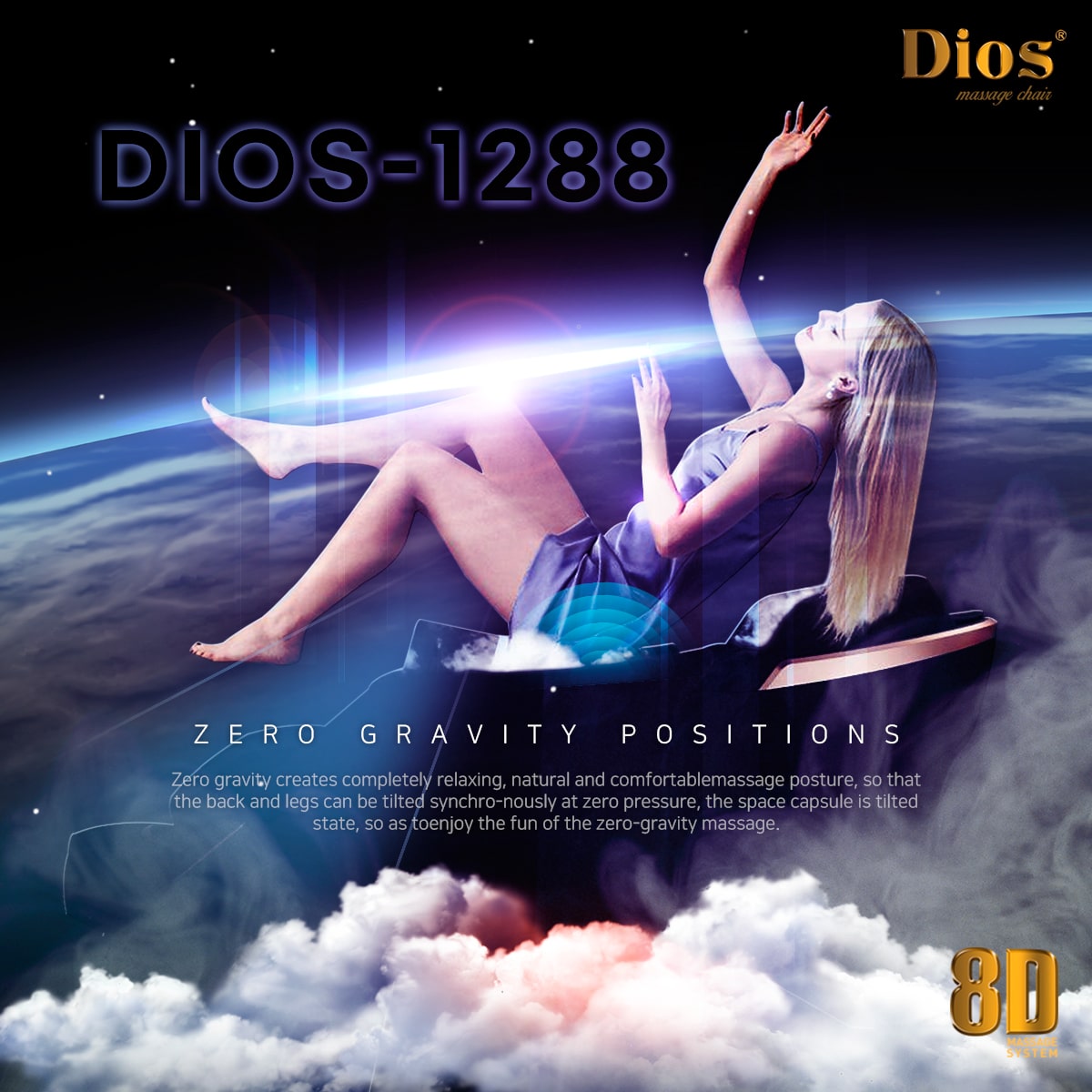 Dios 1288 massage chair zero gravity position feature showing woman in reclined weightless pose with space-themed background