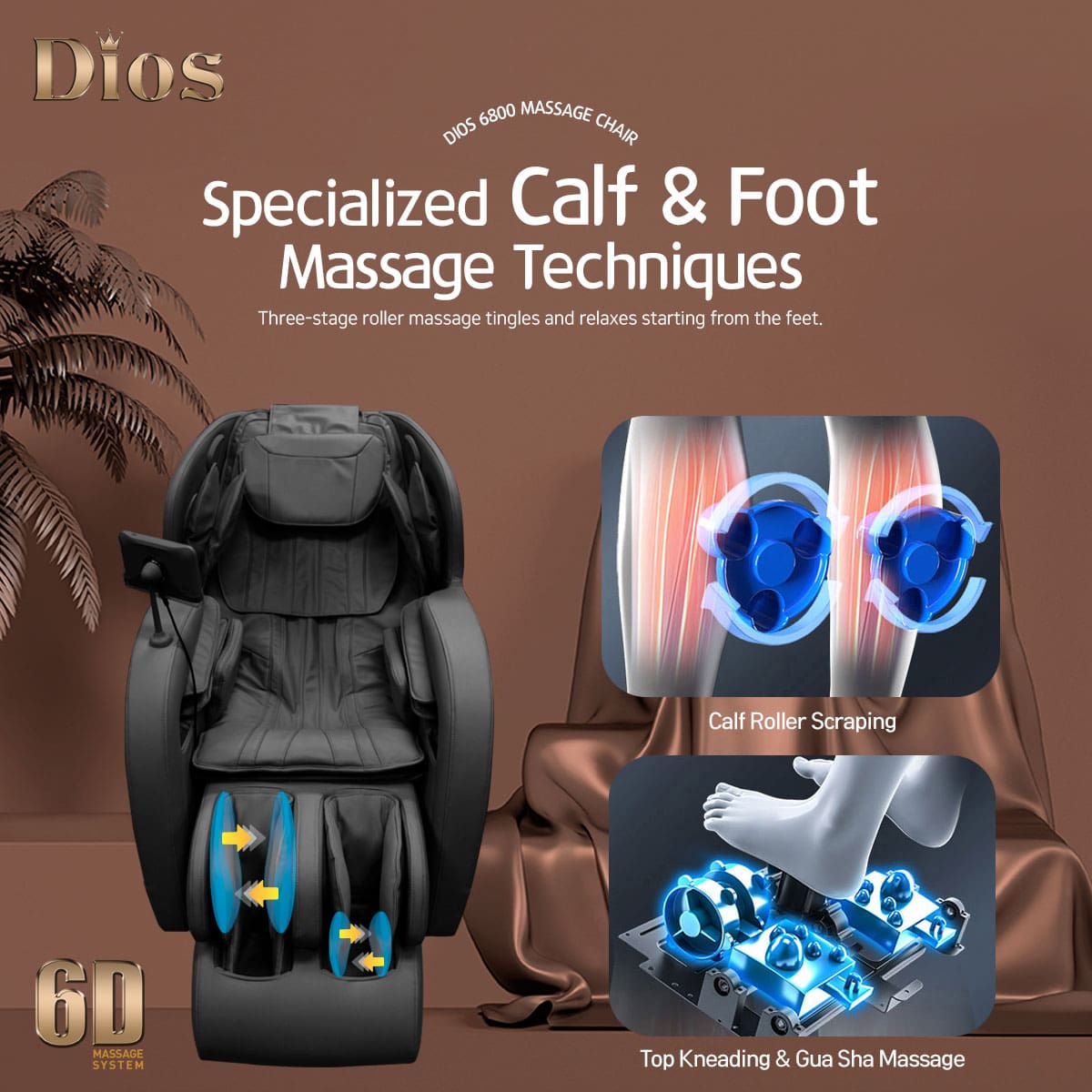 Dios 6800 massage chair with specialized calf and foot massage roller techniques