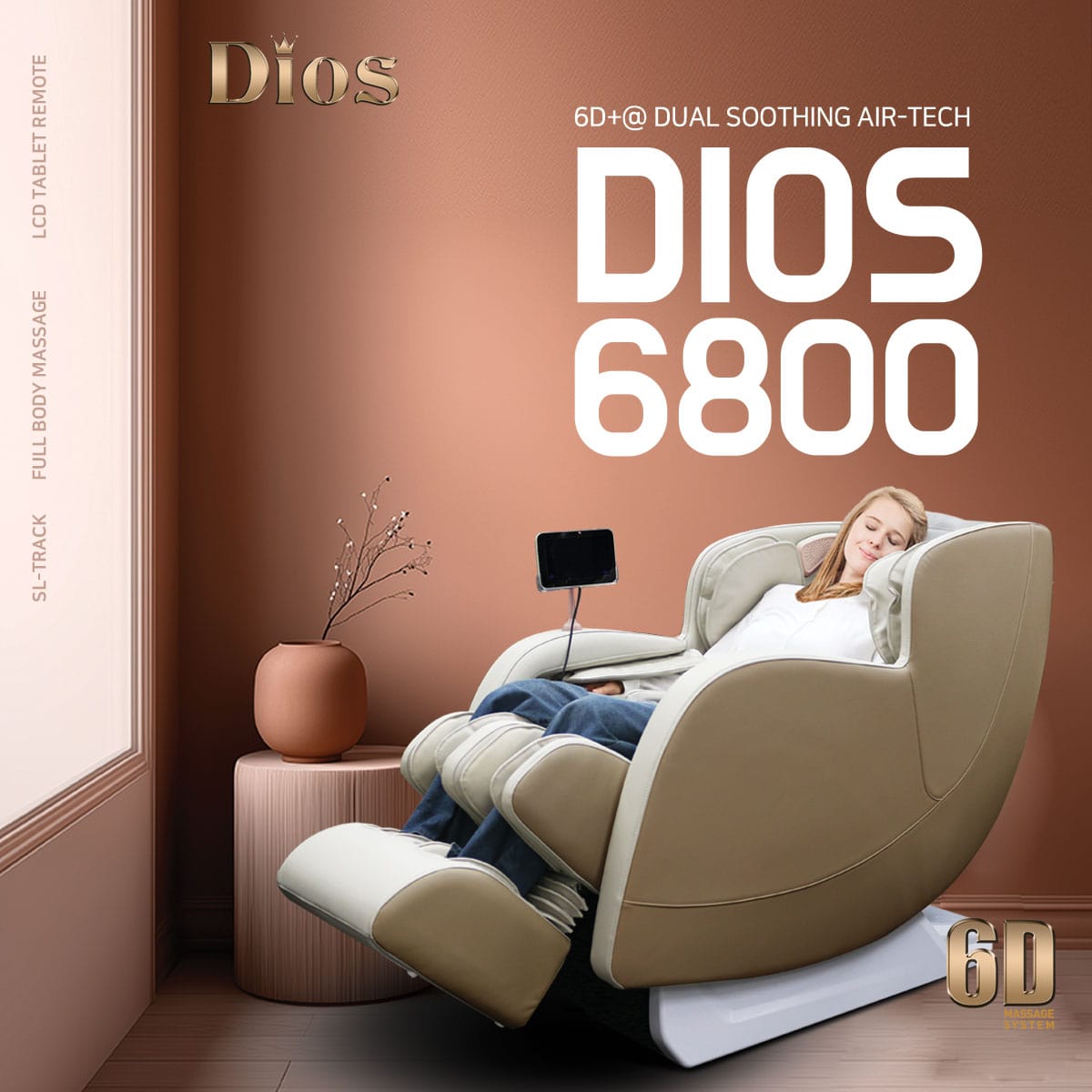 Dios 6800 massage chair with 6D dual soothing air-tech in beige