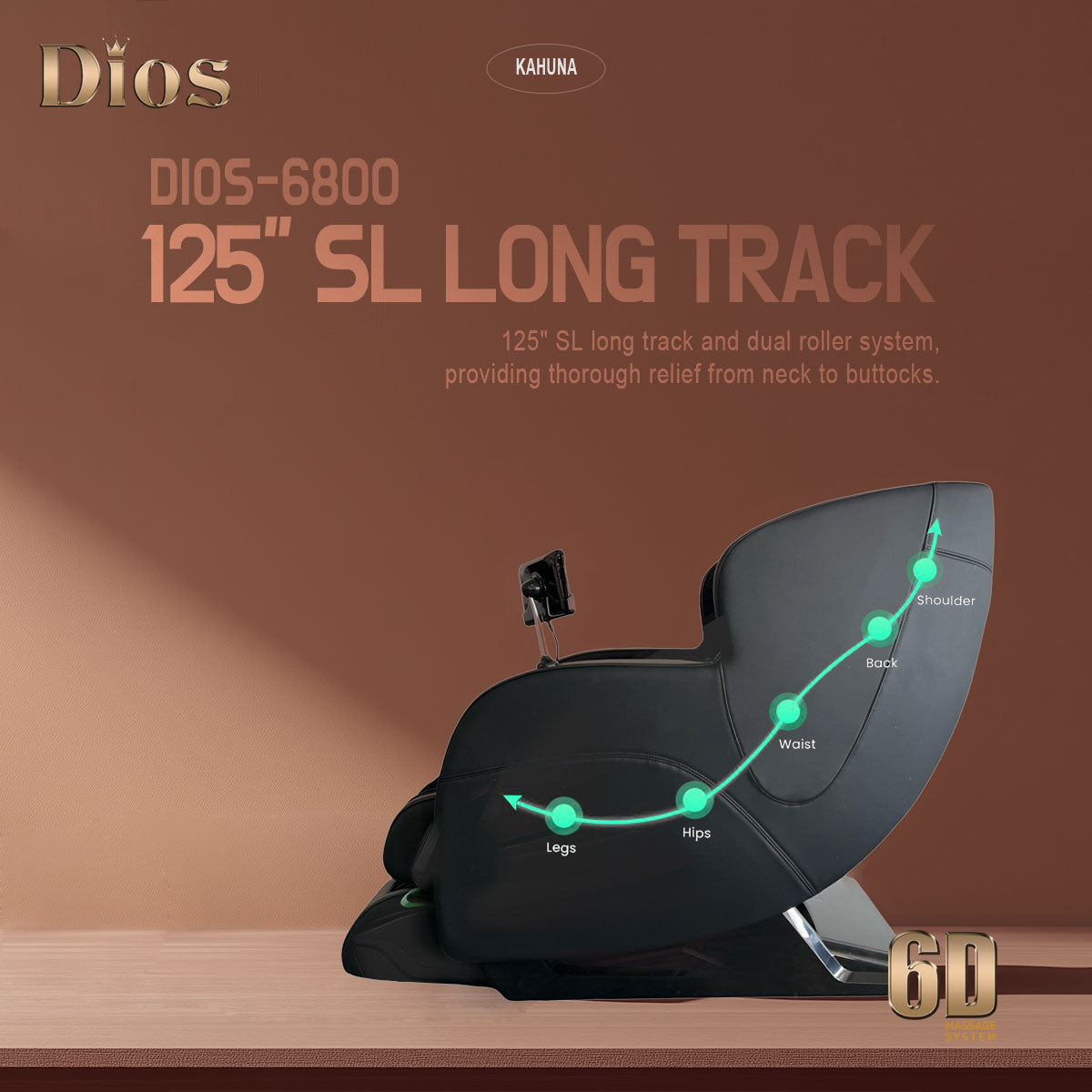 Dios 6800 Kahuna massage chair with 125-inch SL long track system in black