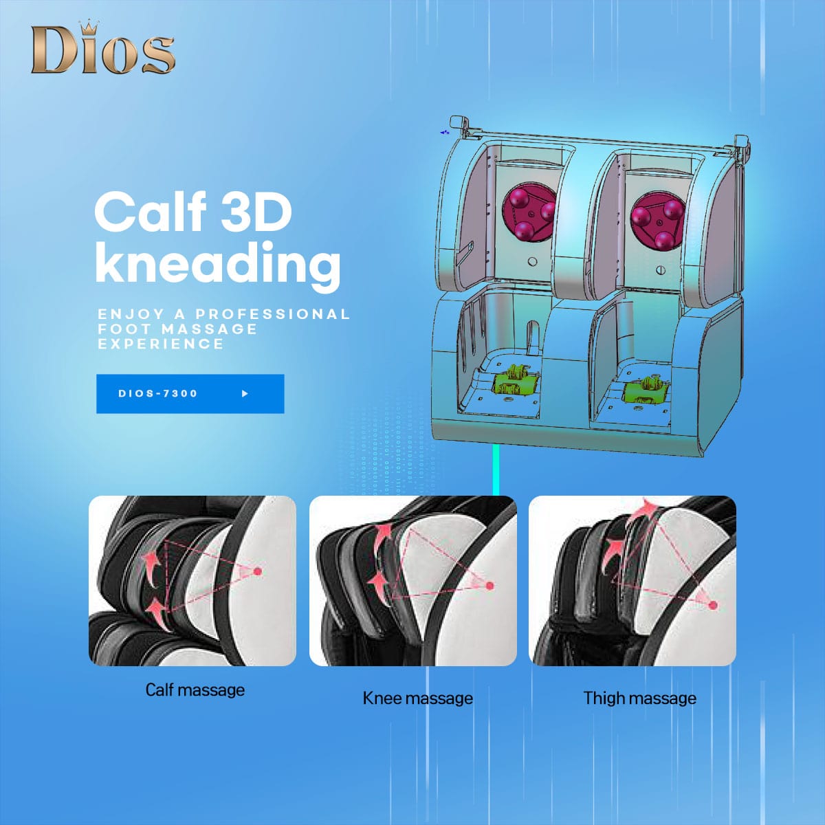 Dios 7300 professional 3D calf kneading massage system targeting calves, knees, and thighs