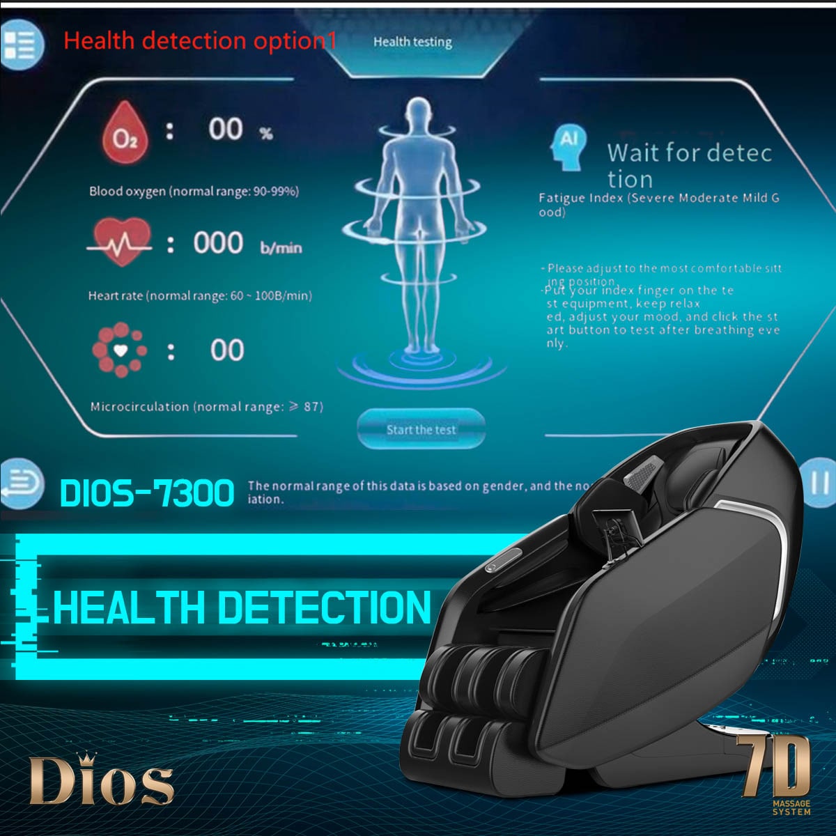 Dios 7300 massage chair with built-in vital signs monitor tracking oxygen levels, heart rate, and circulation