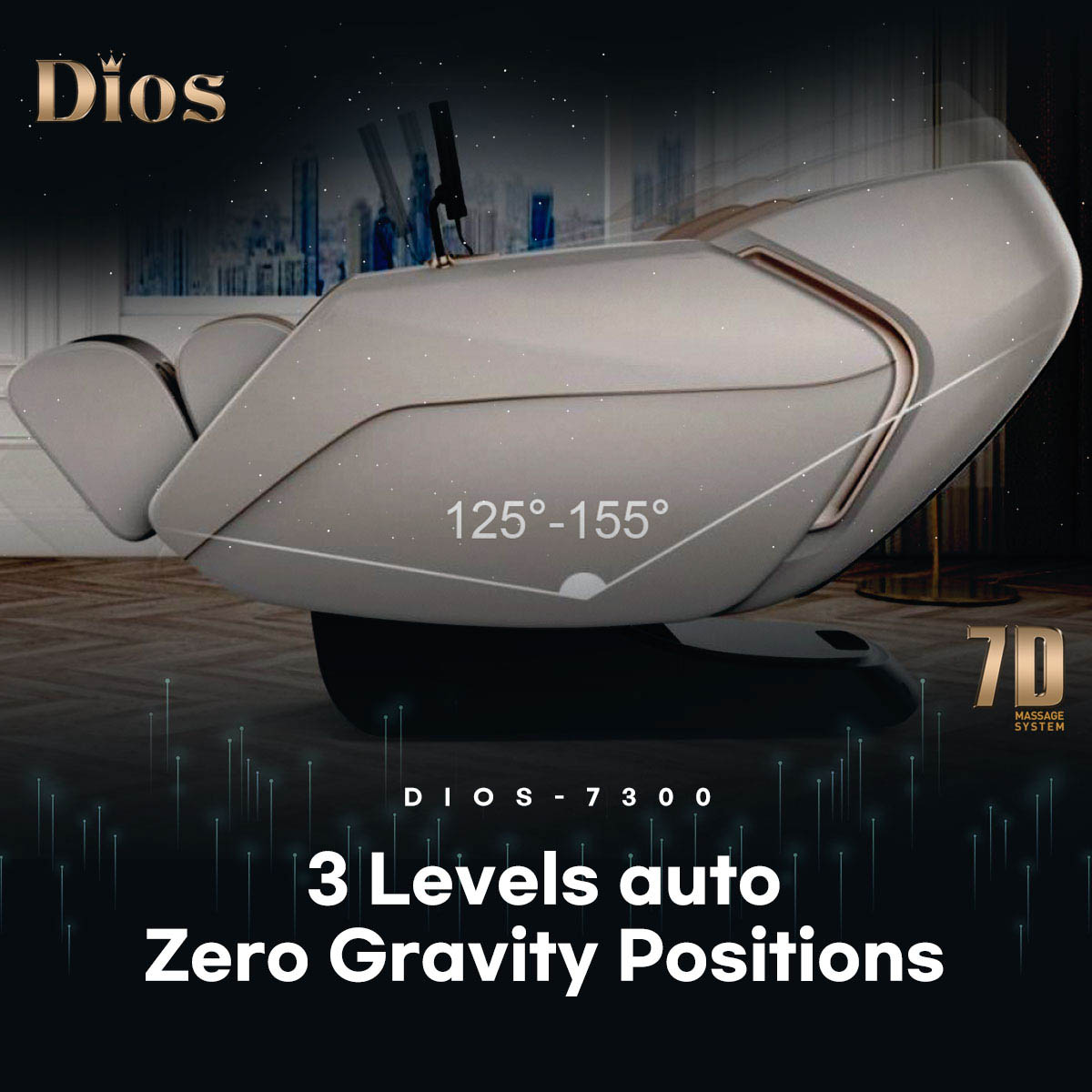 Dios 7300 beige massage chair with 3 automatic zero gravity recline positions from 125 to 155 degrees