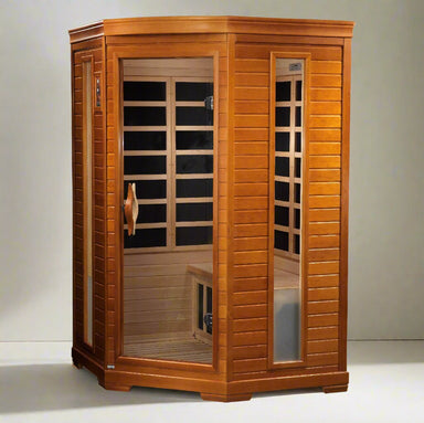 "Two people enjoying a peaceful sauna experience in the Dynamic Aurora 2-Person Corner FAR Infrared Sauna, showcasing its space-saving design and mood-enhancing lighting in a modern home."