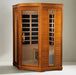 "Two people enjoying a peaceful sauna experience in the Dynamic Aurora 2-Person Corner FAR Infrared Sauna, showcasing its space-saving design and mood-enhancing lighting in a modern home."