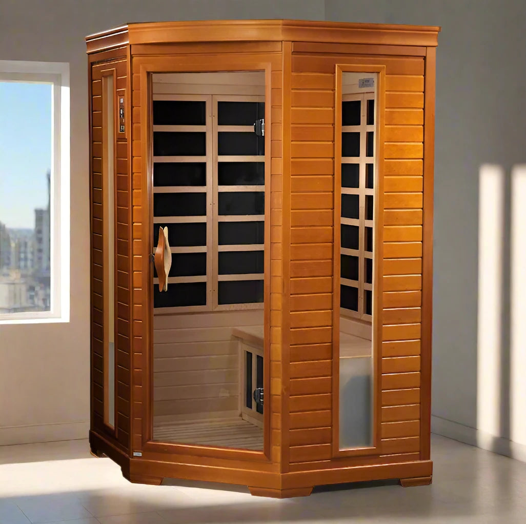 "Aurora Elite 2-Person Corner Infrared Sauna with Canadian Hemlock wood, Bluetooth speakers, and chromotherapy lighting."