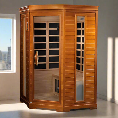 "Aurora Elite 2-Person Corner Infrared Sauna with Canadian Hemlock wood, Bluetooth speakers, and chromotherapy lighting."