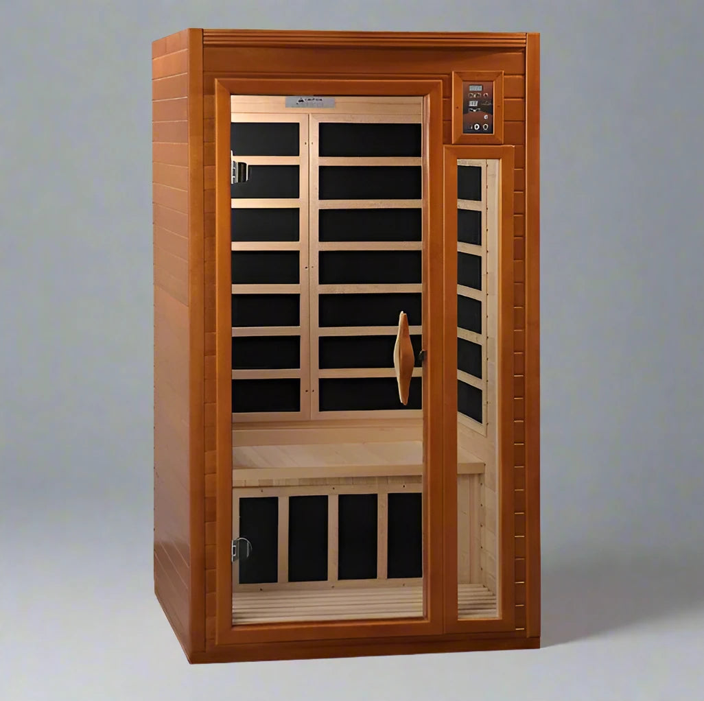 "Barcelona Elite 1-2 Person Low EMF FAR Infrared Sauna in natural Canadian Hemlock wood with premium features for relaxation and wellness."