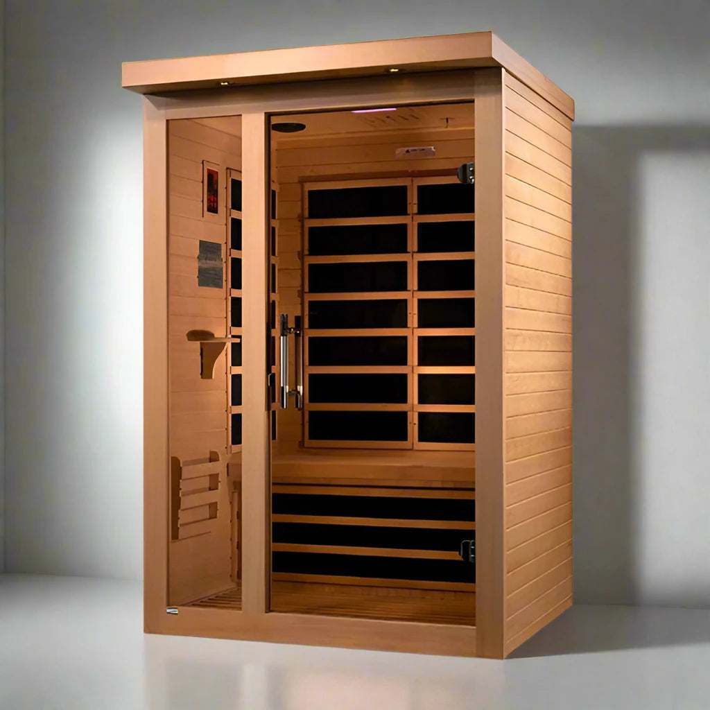 "Capri 2-Person Infrared Sauna in natural Canadian Hemlock with chromotherapy lighting and Bluetooth speakers."