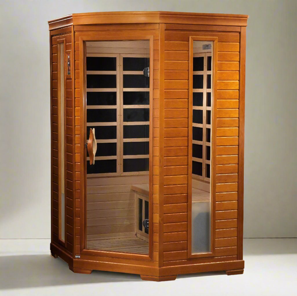 "Two people enjoying a peaceful sauna experience in the Dynamic Heming 2-Person Corner FAR Infrared Sauna, showcasing its space-saving design and mood-enhancing lighting in a modern home."