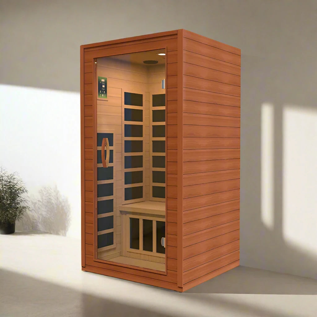 "Avila Elite 1-2 Person Low EMF FAR Infrared Sauna with Canadian Hemlock wood and premium wellness features."