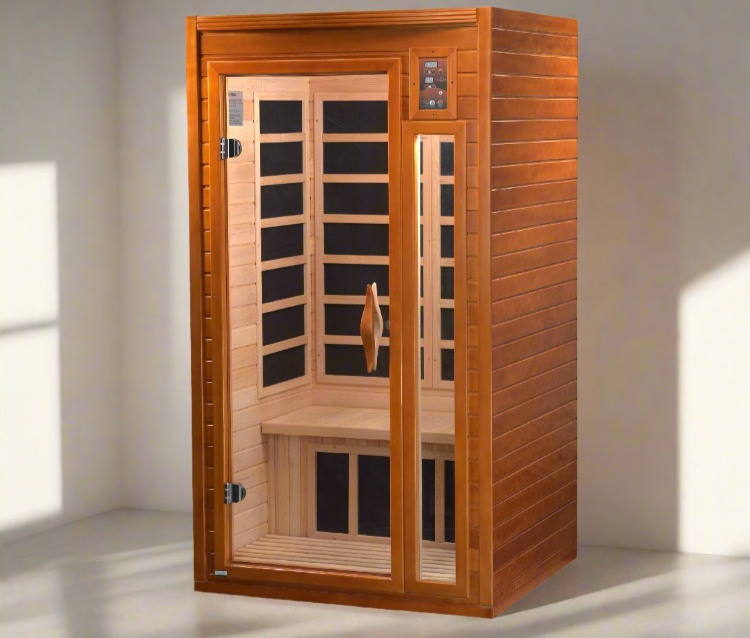 "Dynamic Barcelona Low EMF FAR Infrared Sauna in natural Canadian Hemlock setting, equipped with mood lighting and music connectivity, perfect for enhancing wellness and relaxation at home."