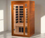 "Dynamic Barcelona Low EMF FAR Infrared Sauna in natural Canadian Hemlock setting, equipped with mood lighting and music connectivity, perfect for enhancing wellness and relaxation at home."