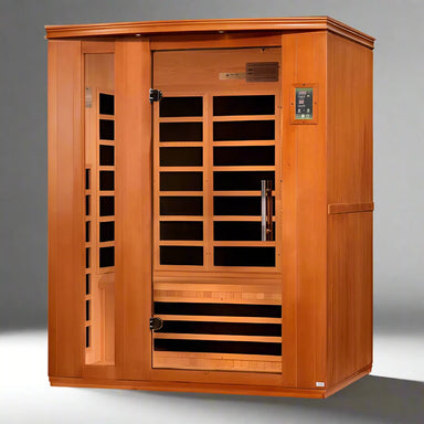 Elara 3-Person Infrared Sauna with eco-friendly Canadian Hemlock wood, Bluetooth speakers, and chromotherapy lighting.