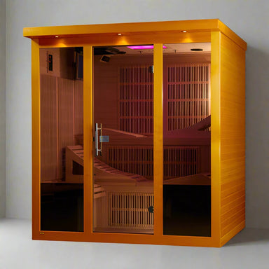 "Monaco 6-Person Infrared Sauna with ultra-low EMF heating and chromotherapy lighting in Canadian Hemlock."