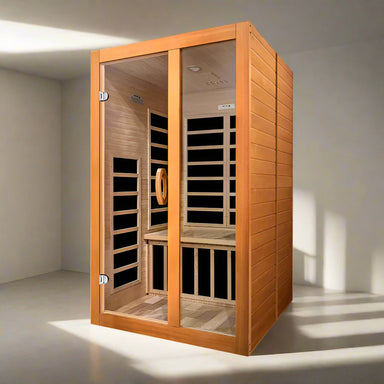 "Montclair Elite 2-Person Infrared Sauna with Canadian Hemlock wood, chromotherapy lighting, and premium wellness features."