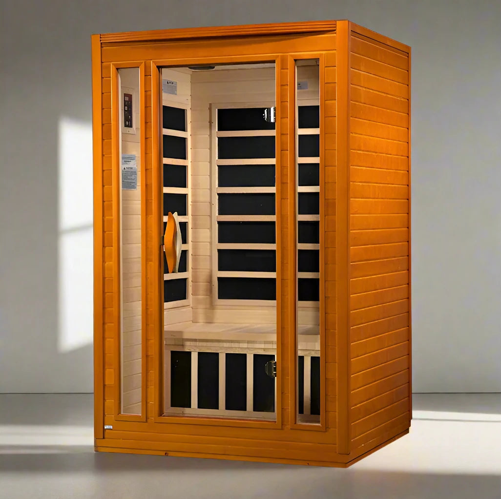 "Palermo Elite 2-Person Low EMF FAR Infrared Sauna with eco-friendly Canadian Hemlock wood and premium wellness features."