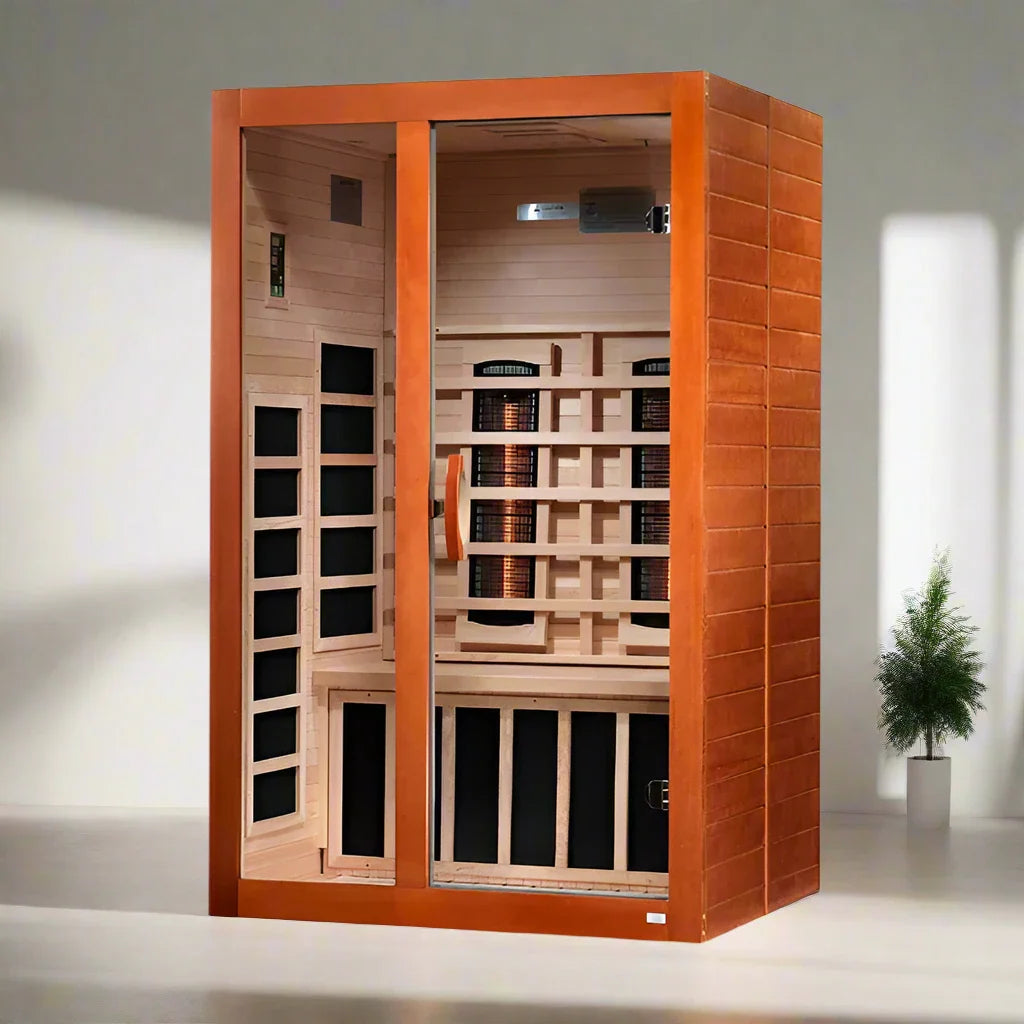 "Santiago 2-Person Infrared Sauna with near-zero EMF heating and chromotherapy lighting in Canadian Hemlock wood."