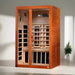 "Santiago 2-Person Infrared Sauna with near-zero EMF heating and chromotherapy lighting in Canadian Hemlock wood."