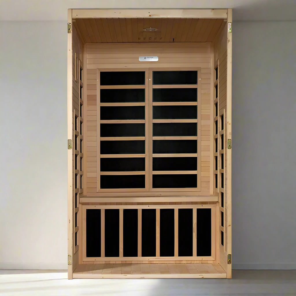 "Dynamic Santiago 2-Person Low EMF Infrared Sauna made from Canadian Hemlock with advanced carbon heating panels for wellness and relaxation."