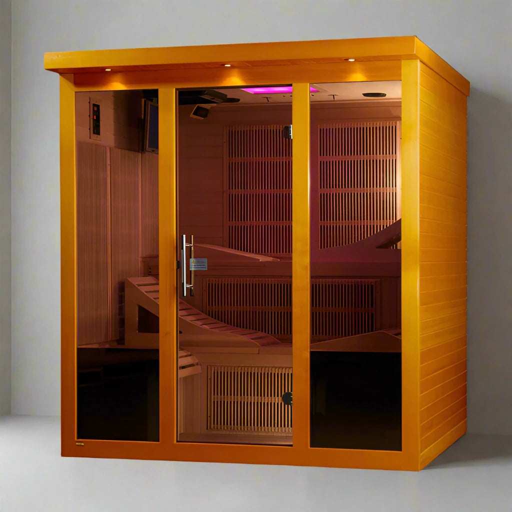 "Torino 6-Person Infrared Sauna with ultra-low EMF heating and chromotherapy lighting in Canadian Hemlock."