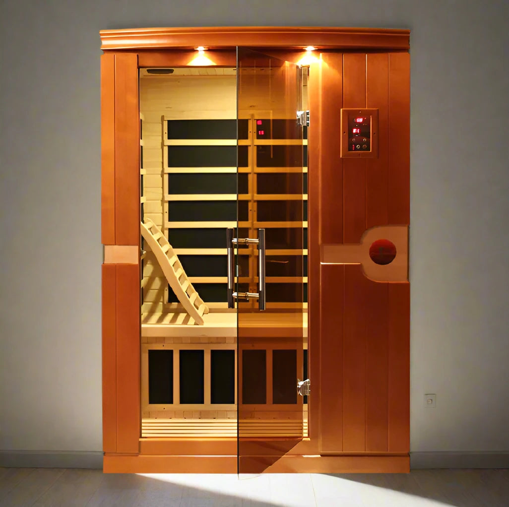 "Venice Elite 2-Person Ultra Low EMF Infrared Sauna with Canadian Hemlock wood, Bluetooth speakers, and chromotherapy lighting."