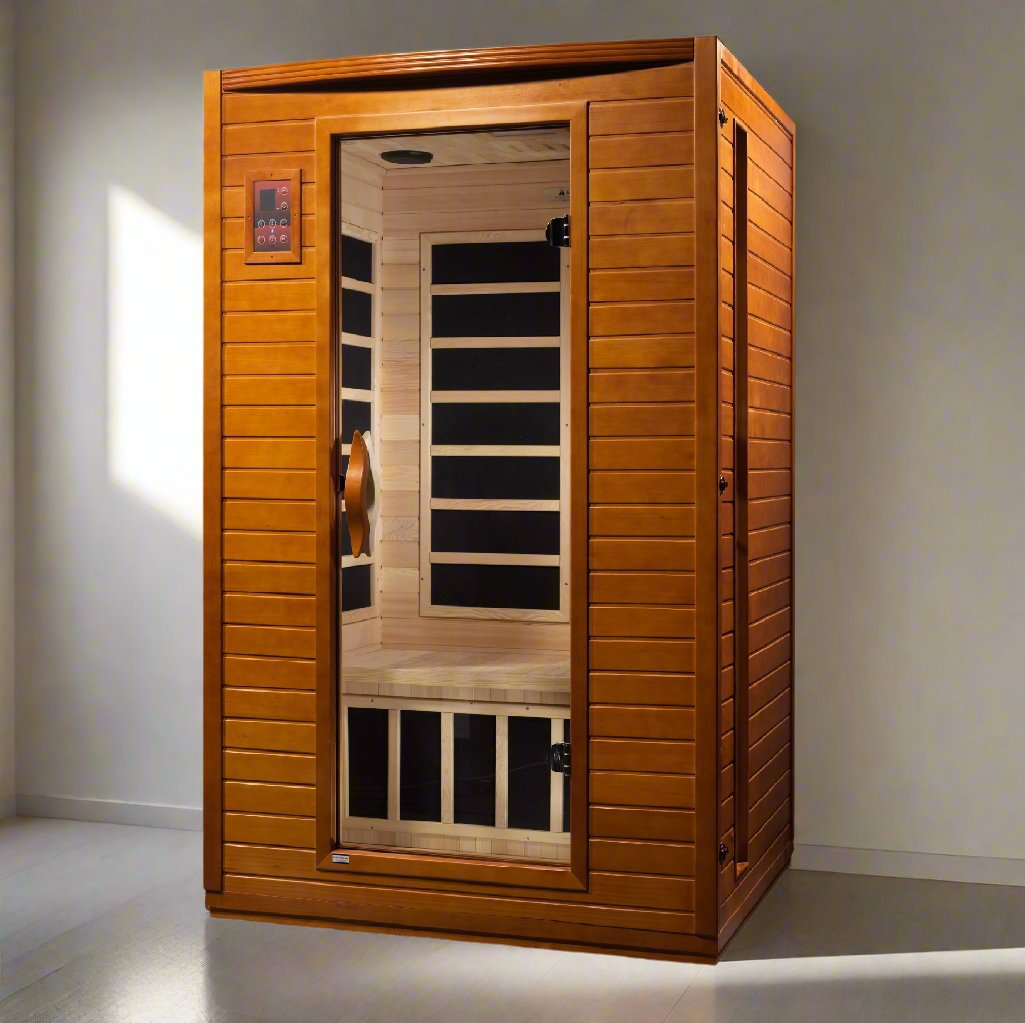 "Dynamic Versailles 2-person FAR Infrared Sauna in elegant honey dark stain Canadian Hemlock, featuring mood lighting and a premium sound system for the ultimate relaxation experience."