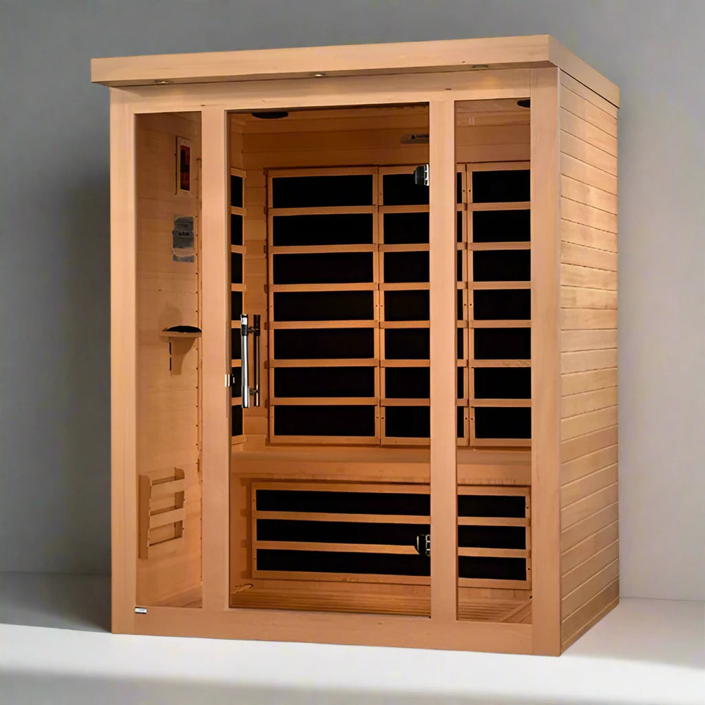 "Vila 3-Person Infrared Sauna in Canadian Hemlock with ultra-low EMF heating and Bluetooth connectivity."