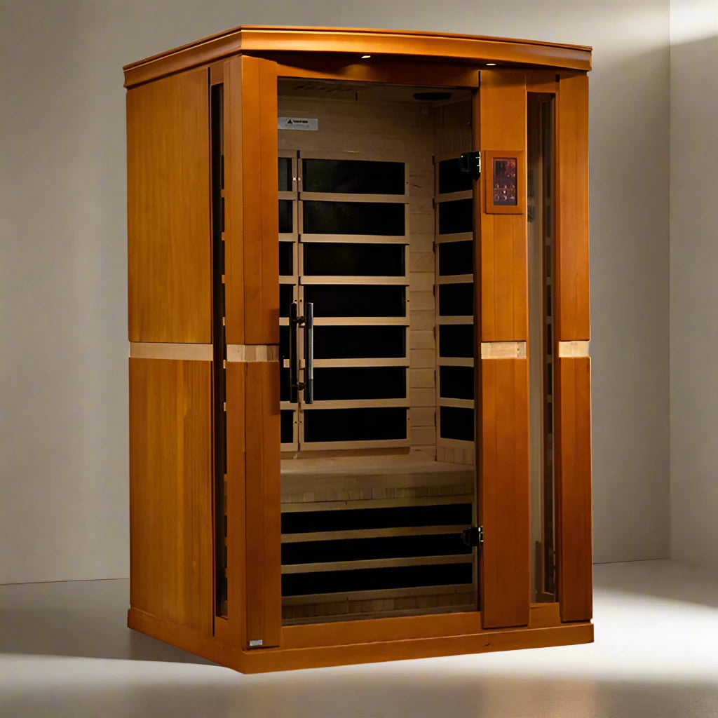 Dynamic Vittoria 2-Person Low EMF FAR Infrared Sauna with Canadian Hemlock wood construction, premium features, and advanced infrared heating."