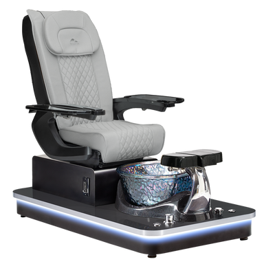 Felicity Freeform II pedicure chair in gray leather with black armrests on a black base